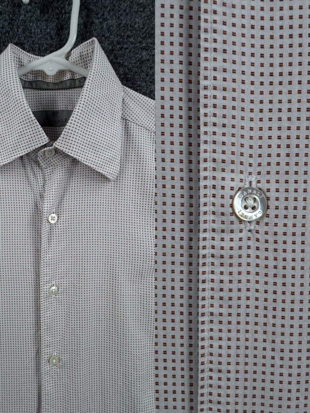 Canali Small Geometric Mens Italy White Orange Long Sleeve Elegant Cotton Shirt
